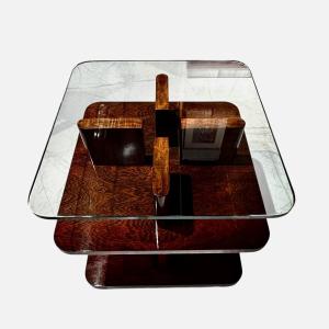 Restored Modernist Art Deco Coffee Table, Polished Rosewood And Glass, France Circa 1925